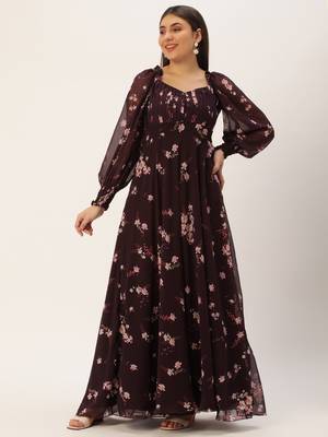 Ethnovog Ready To Wear Purple Georgette Printed Pleated Yoke Gown 1