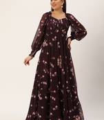 Ethnovog Ready To Wear Purple Georgette Printed Pleated Yoke Gown