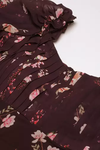 Ethnovog Ready To Wear Purple Georgette Printed Pleated Yoke Gown