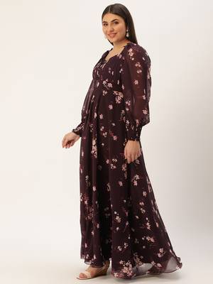 Ethnovog Ready To Wear Purple Georgette Printed Pleated Yoke Gown 3