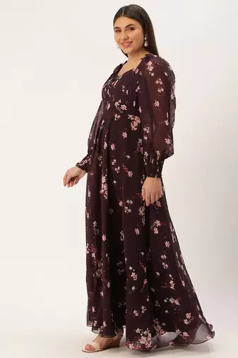 Ethnovog Ready To Wear Purple Georgette Printed Pleated Yoke Gown