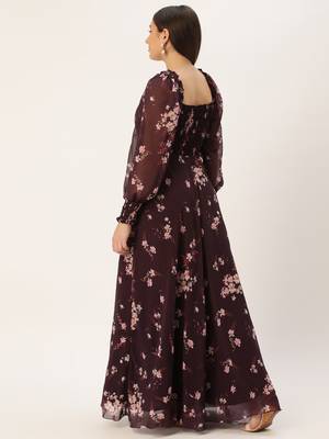 Ethnovog Ready To Wear Purple Georgette Printed Pleated Yoke Gown 4
