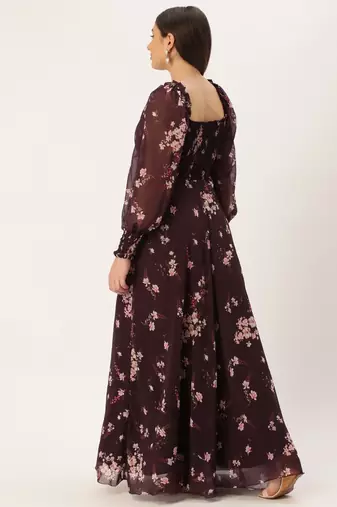 Ethnovog Ready To Wear Purple Georgette Printed Pleated Yoke Gown