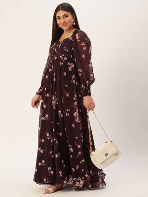 Ethnovog Ready To Wear Purple Georgette Printed Pleated Yoke Gown 5