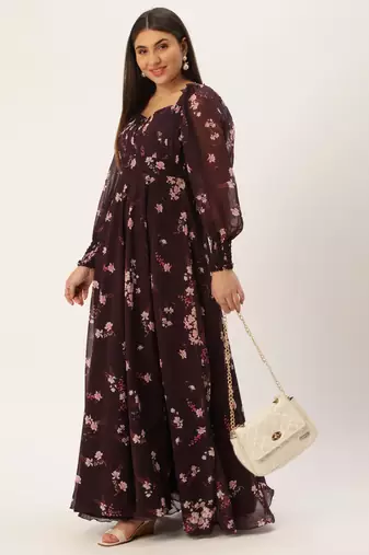 Ethnovog Ready To Wear Purple Georgette Printed Pleated Yoke Gown