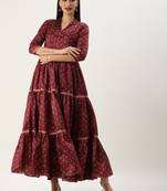 Ethnovog Ready To Wear Maroon Art Silk Printed Tiered Gathered Style Gown