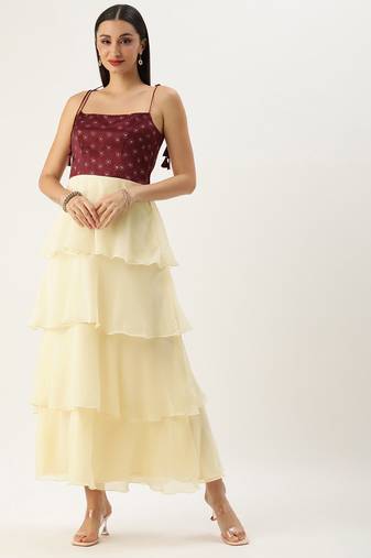 Ethnovog Ready To Wear Maroon Art Silk Printed N Off White Layered Dress