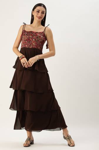Ethnovog Ready To Wear Multicolored Art Silk Printed N Brown Layered Dress
