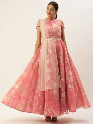 Ethnovog Ready To Wear Pink Foil Printed Art Silk Gown 1