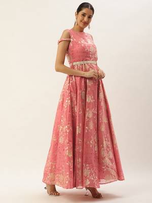 Ethnovog Ready To Wear Pink Foil Printed Art Silk Gown 4