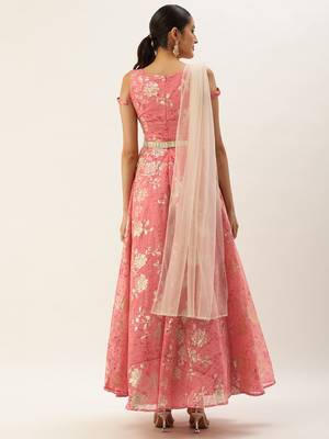 Ethnovog Ready To Wear Pink Foil Printed Art Silk Gown 5