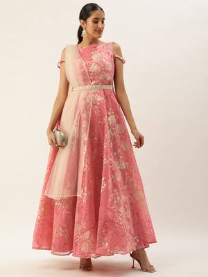Ethnovog Ready To Wear Pink Foil Printed Art Silk Gown 6