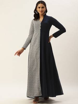 Ethnovog Ready To Wear Blue Embroidered Art Silk Half N Half Gown 1