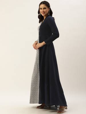 Ethnovog Ready To Wear Blue Embroidered Art Silk Half N Half Gown 3