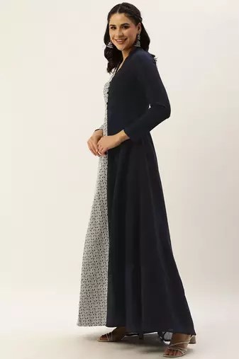 Ethnovog Ready To Wear Blue Embroidered Art Silk Half N Half Gown