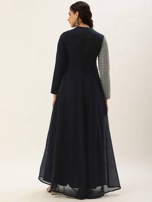 Ethnovog Ready To Wear Blue Embroidered Art Silk Half N Half Gown 4