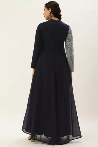 Ethnovog Ready To Wear Blue Embroidered Art Silk Half N Half Gown
