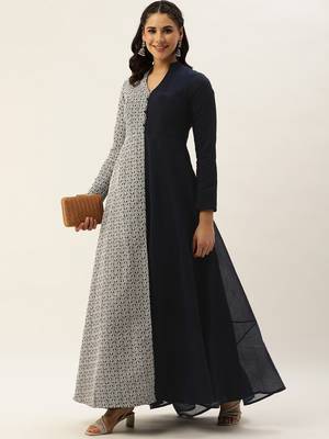 Ethnovog Ready To Wear Blue Embroidered Art Silk Half N Half Gown 5