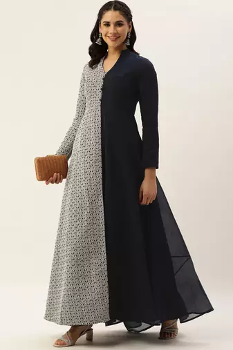 Ethnovog Ready To Wear Blue Embroidered Art Silk Half N Half Gown