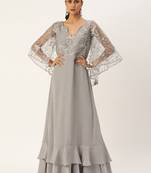 Ethnovog Ready To Wear Grey Net Embroidered N French Crepe Gown