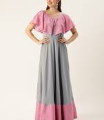 Ethnovog Ready To Wear Grey Art Silk N Pink Chinon Zero Shoulder Style Gown