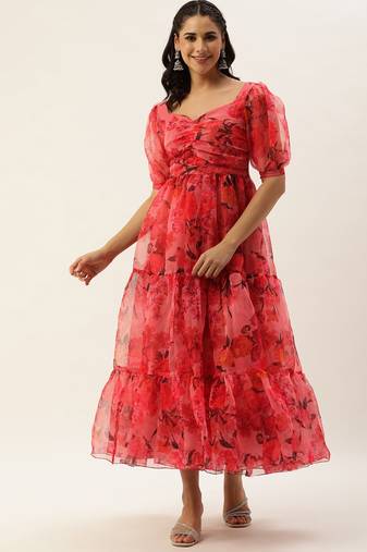 Ethnovog Ready To Wear Pink Digital Printed Organza Dress