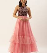 Ethnovog Ready To Wear Pink N Wine Chinon Embroidered Gown