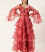 Ethnovog Ready To Wear Orange Digital Printed Organza Layered Gown