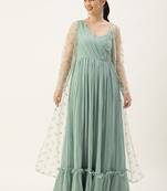 Ethnovog Ready To Wear Green Pleated Georgette Gown N Embroidered Jacket