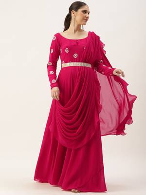 Ethnovog Ready To Wear Dark Pink Georgette Embroidered Gown 1