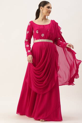 Ethnovog Ready To Wear Dark Pink Georgette Embroidered Gown