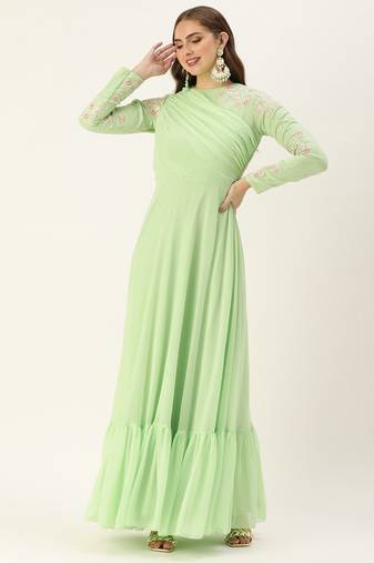 Ethnovog Ready To Wear Green Embroidered Georgette Gown