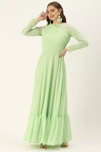 Ethnovog Ready To Wear Green Embroidered Georgette Gown