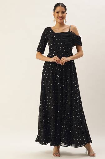 Ethnovog Ready To Wear Black Embroidered One Shoulder Style Gown