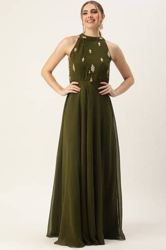 Ethnovog Ready To Wear Green Embroidered Halter Neck Gown