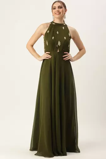 Ethnovog Ready To Wear Green Embroidered Halter Neck Gown