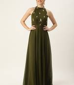 Ethnovog Ready To Wear Green Embroidered Halter Neck Gown