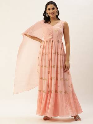 Ethnovog Ready To Wear Peach Embroidered Pleated Georgette Gown 1