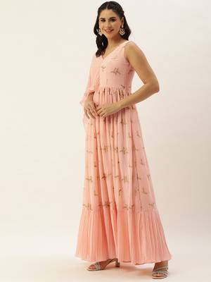 Ethnovog Ready To Wear Peach Embroidered Pleated Georgette Gown 3