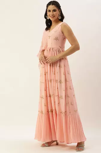 Ethnovog Ready To Wear Peach Embroidered Pleated Georgette Gown