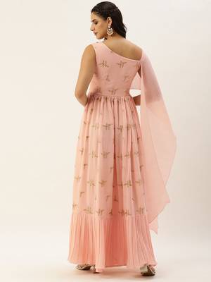 Ethnovog Ready To Wear Peach Embroidered Pleated Georgette Gown 4