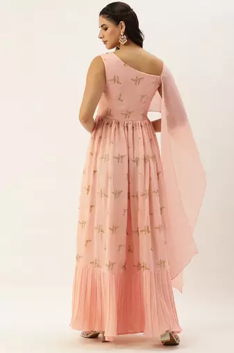 Ethnovog Ready To Wear Peach Embroidered Pleated Georgette Gown