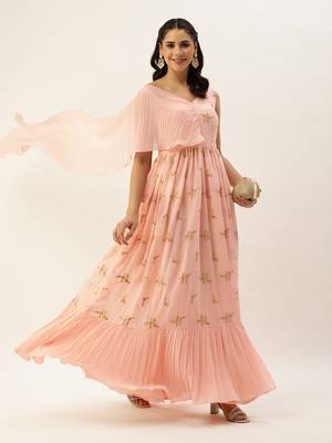 Ethnovog Ready To Wear Peach Embroidered Pleated Georgette Gown 5