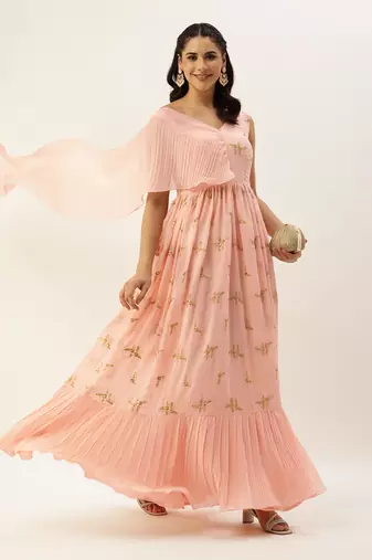 Ethnovog Ready To Wear Peach Embroidered Pleated Georgette Gown