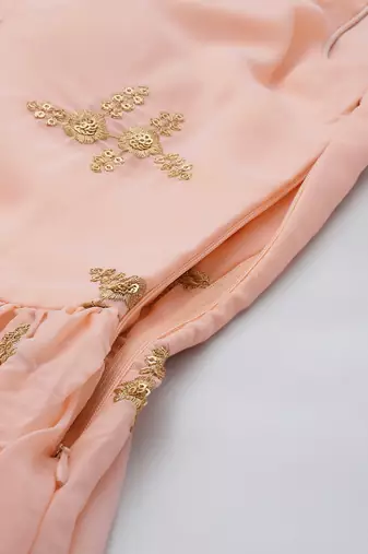 Ethnovog Ready To Wear Peach Embroidered Pleated Georgette Gown