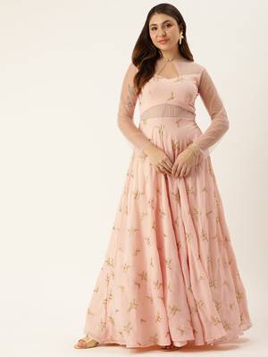 Ethnovog Ready To Wear Peach Georgette Embroidered Gown 1