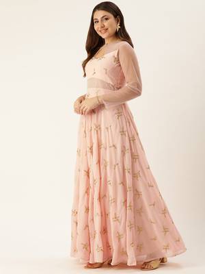 Ethnovog Ready To Wear Peach Georgette Embroidered Gown 3