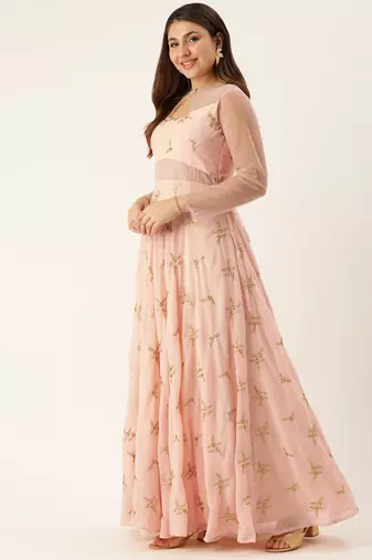 Ethnovog Ready To Wear Peach Georgette Embroidered Gown
