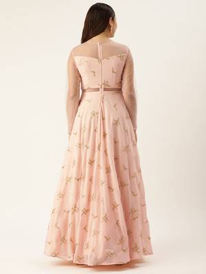 Ethnovog Ready To Wear Peach Georgette Embroidered Gown 4
