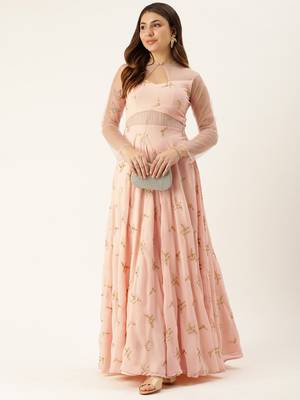 Ethnovog Ready To Wear Peach Georgette Embroidered Gown 5